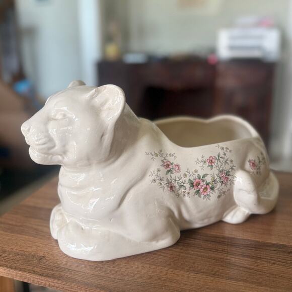 Vintage White Ceramic Big Cat Planter with Floral Design - Picture 1 of 5